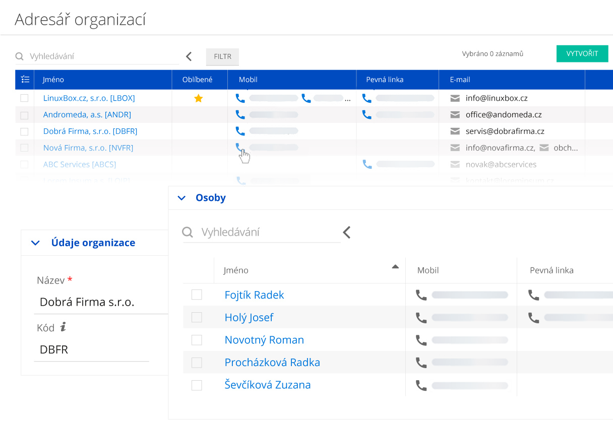 CRM adresář v systému Montodo se správou kontaktů a organizací integrací na CRM a ERP automatickým ukládáním komunikace a nastavením SLA a VIP.