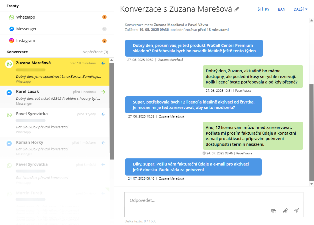 Komunikace se zákazníky v systému Montodo prostřednictvím sociálních sítí jako Instagram Facebook a WhatsApp pro rychlý a dostupný kontakt s klienty.